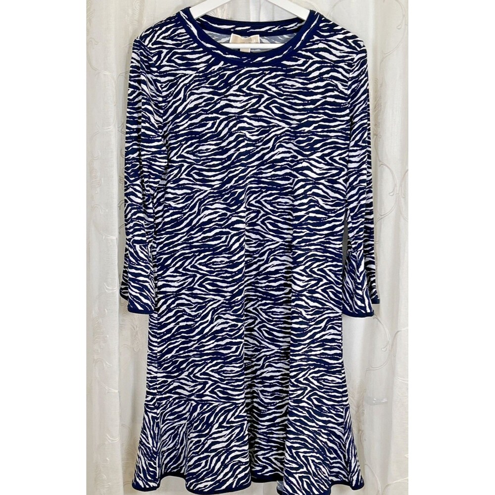 NWT Michael Kors Womens L True Navy Zebra Print Bell Sleeve Flounce Dress $98